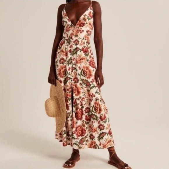 Abercrombie & Fitch Dresses & Skirts - Abercrombie & Fitch Floral Linen Blend Maxi Dress Small Cream Red Button Front